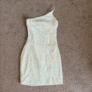 Crystal Doll One-Shoulder Sequin Dress in Cream